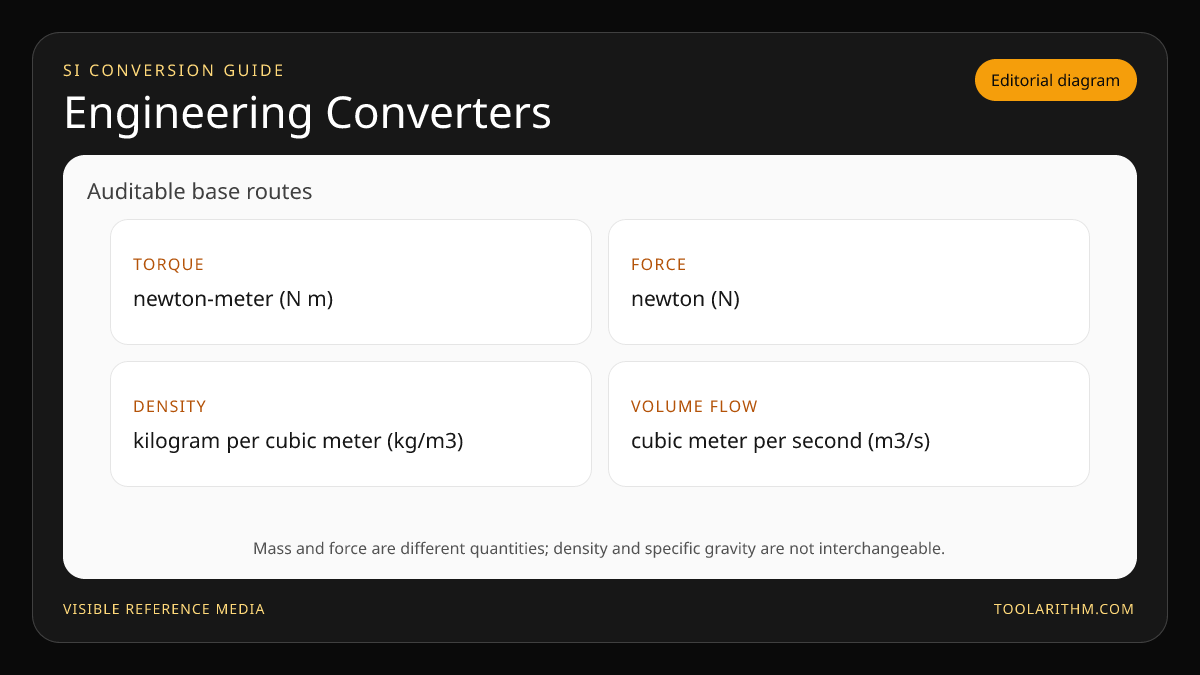 Engineering conversion diagram mapping torque, force, density, and volume flow through their SI routes.
