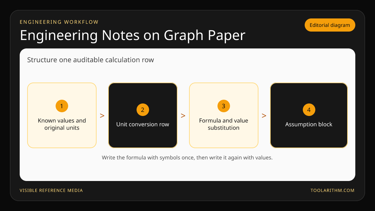 Engineering calculation-note workflow from known values through unit conversion, formula substitution, and assumptions.