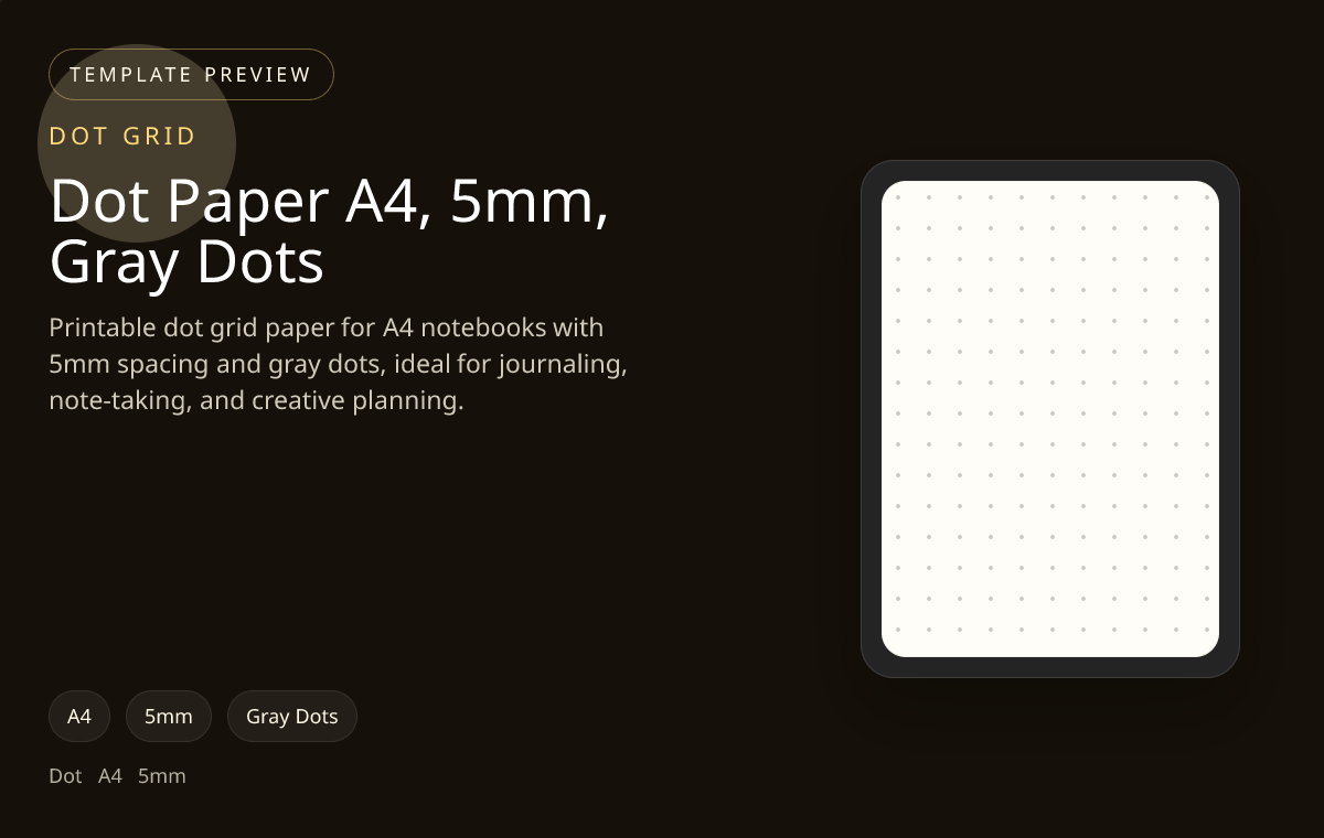 Dot Paper A4, 5mm, Gray Dots dot grid paper preview showing 5mm and gray dots on A4 paper for bullet journaling, note-taking, and page planning