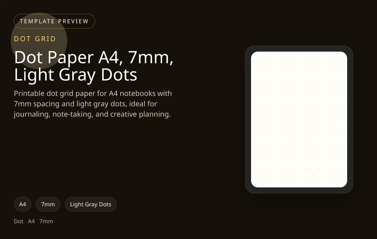 Dot Paper A4, 7mm, Light Gray Dots dot grid paper preview showing 7mm and light gray dots on A4 paper for bullet journaling, note-taking, and page planning