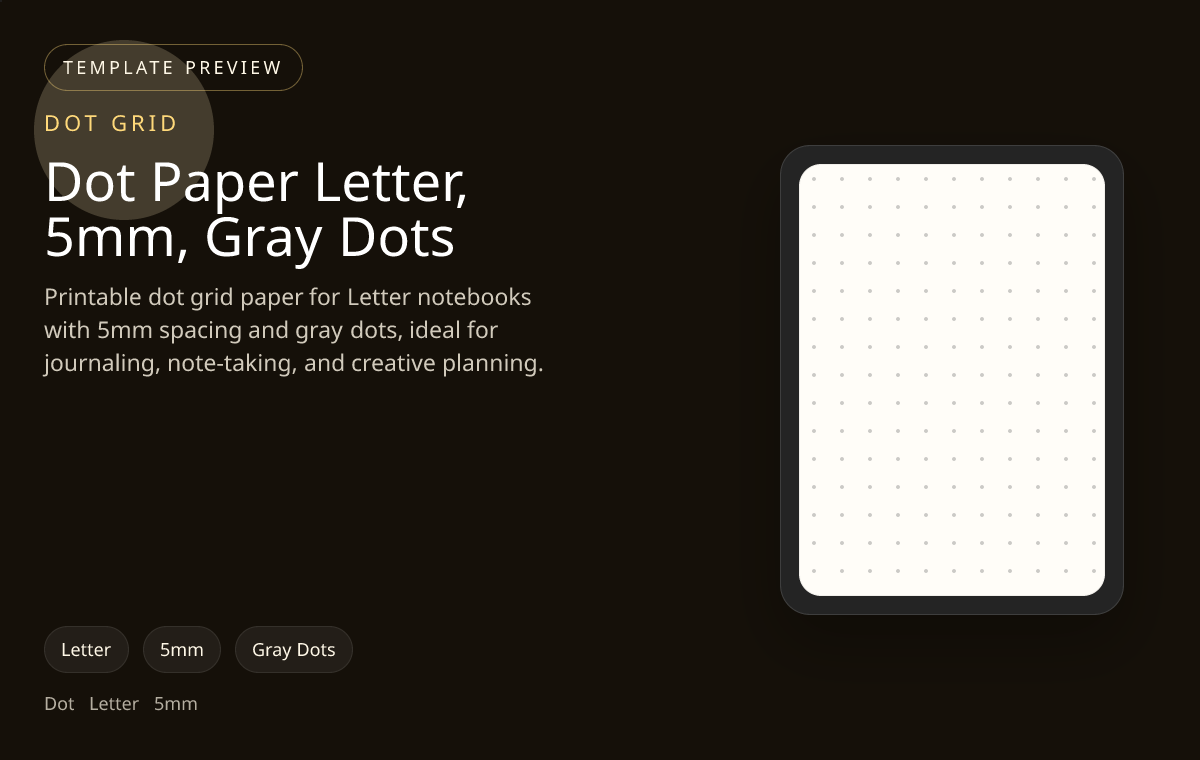 Dot Paper Letter, 5mm, Gray Dots dot grid paper preview showing 5mm and gray dots on Letter paper for bullet journaling, note-taking, and page planning