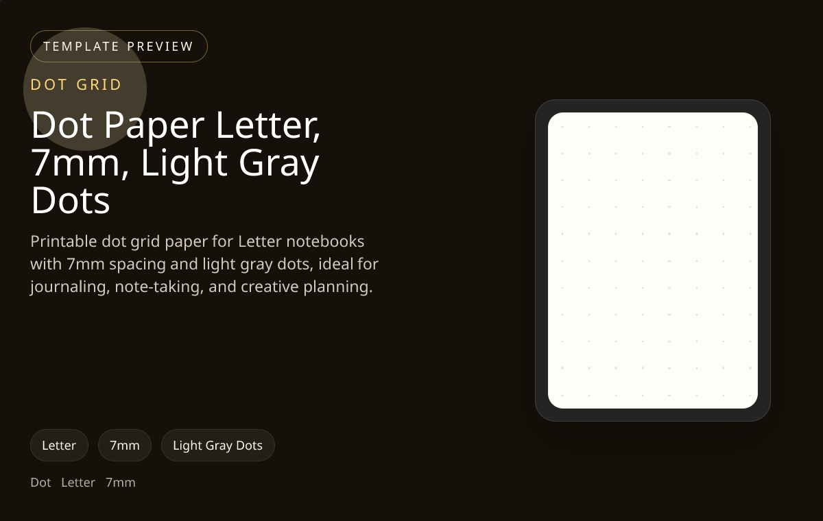 Dot Paper Letter, 7mm, Light Gray Dots dot grid paper preview showing 7mm and light gray dots on Letter paper for bullet journaling, note-taking, and page planning