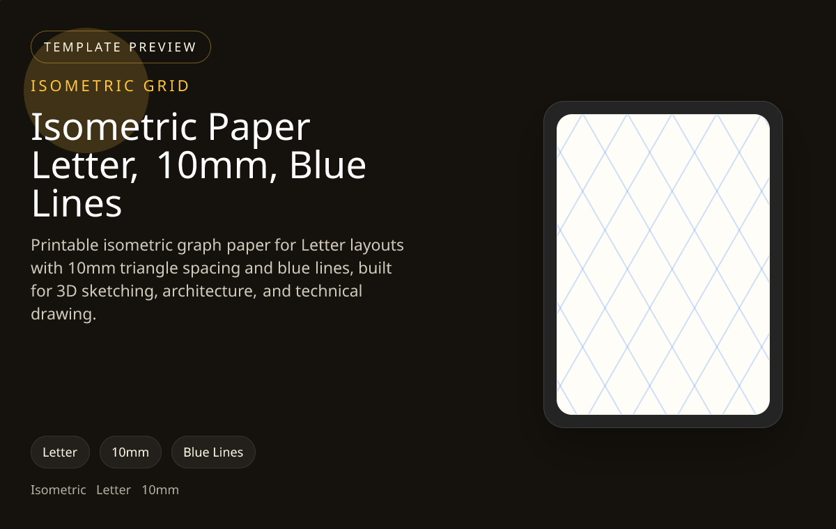 Isometric Paper Letter, 10mm, Blue Lines isometric grid paper preview showing 10mm and blue lines on Letter paper for three-dimensional product, architectural, and engineering sketches