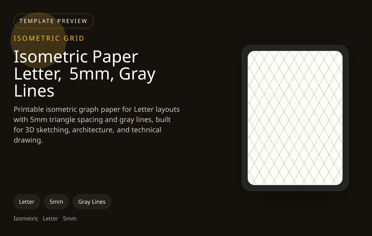 Isometric Paper Letter, 5mm, Gray Lines isometric grid paper preview showing 5mm and gray lines on Letter paper for three-dimensional product, architectural, and engineering sketches