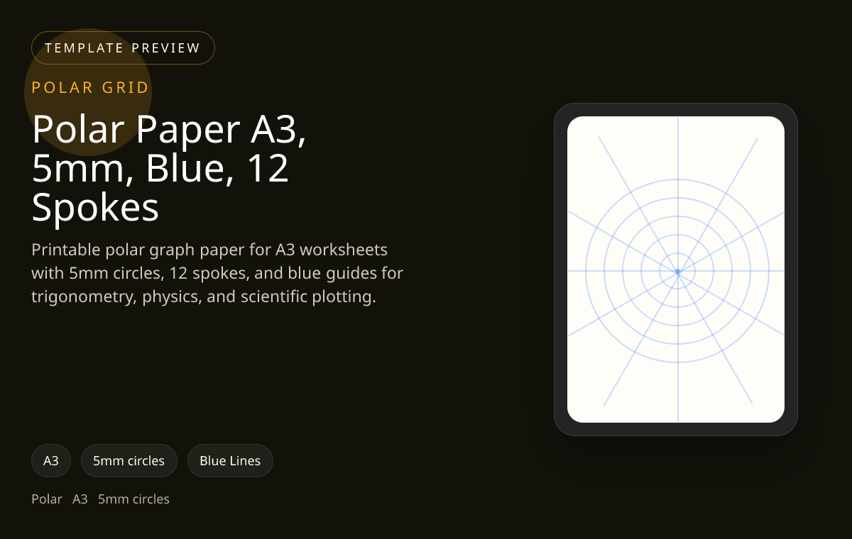 Polar Paper A3, 5mm, Blue, 12 Spokes polar grid paper preview showing 5mm circles and blue lines on A3 paper for trigonometry, radial plotting, and circular analysis