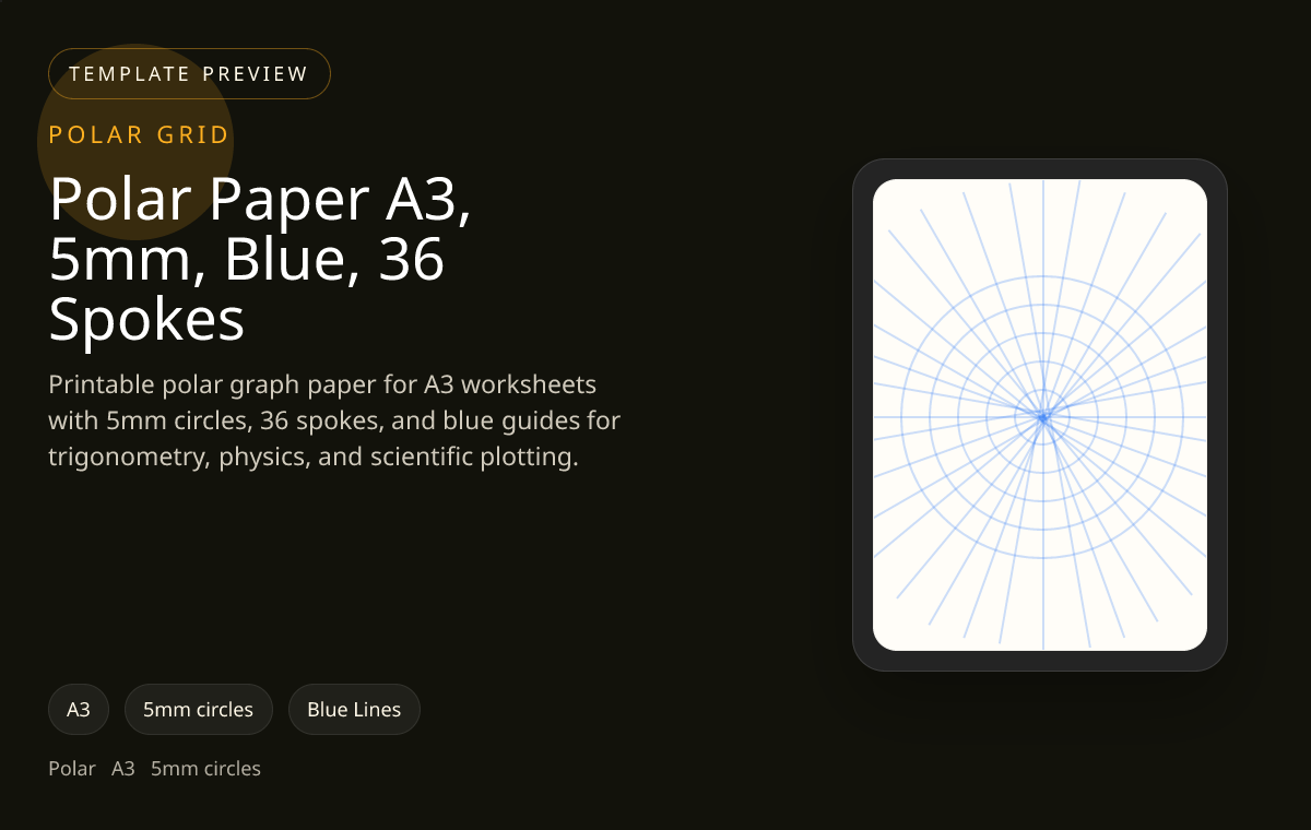 Polar Paper A3, 5mm, Blue, 36 Spokes polar grid paper preview showing 5mm circles and blue lines on A3 paper for trigonometry, radial plotting, and circular analysis