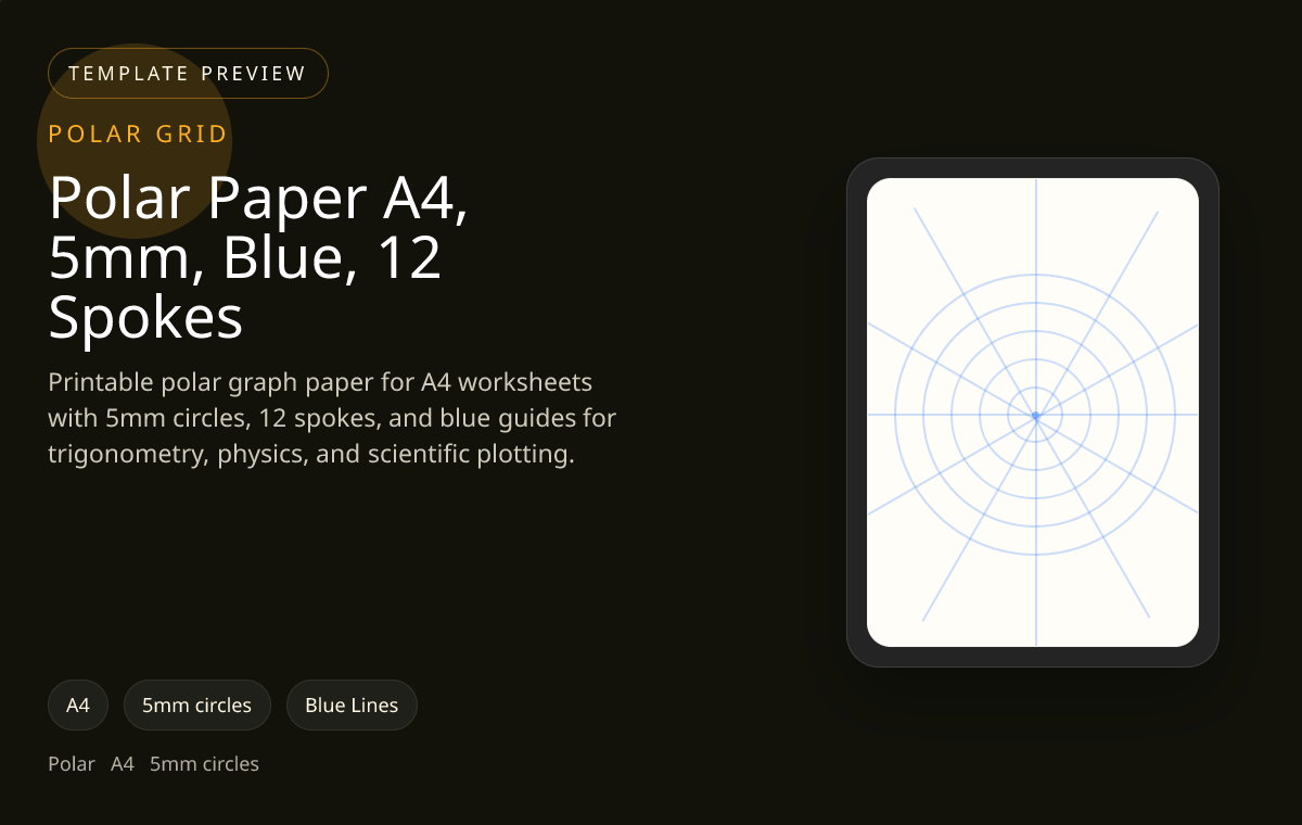 Polar Paper A4, 5mm, Blue, 12 Spokes polar grid paper preview showing 5mm circles and blue lines on A4 paper for trigonometry, radial plotting, and circular analysis