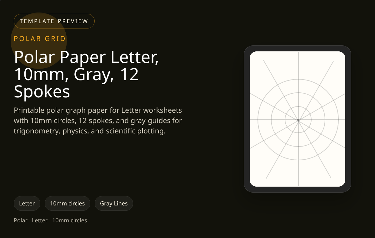 Polar Paper Letter, 10mm, Gray, 12 Spokes polar grid paper preview showing 10mm circles and gray lines on Letter paper for trigonometry, radial plotting, and circular analysis