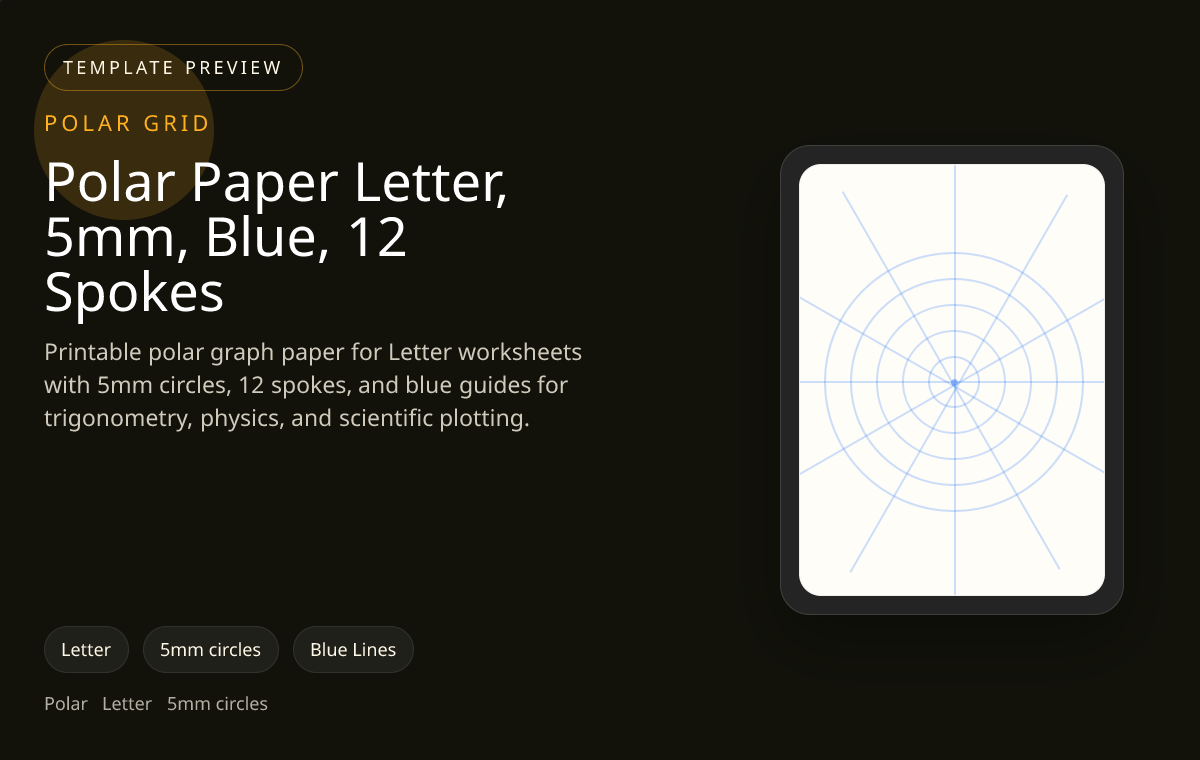 Polar Paper Letter, 5mm, Blue, 12 Spokes polar grid paper preview showing 5mm circles and blue lines on Letter paper for trigonometry, radial plotting, and circular analysis
