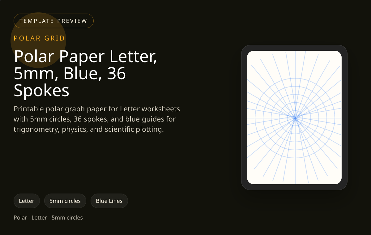 Polar Paper Letter, 5mm, Blue, 36 Spokes polar grid paper preview showing 5mm circles and blue lines on Letter paper for trigonometry, radial plotting, and circular analysis