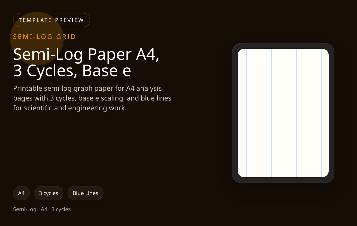 Semi-Log Paper A4, 3 Cycles, Base e semi-log graph paper preview showing 3 cycles and blue lines on A4 paper for growth, decay, frequency, and wide-range data plots