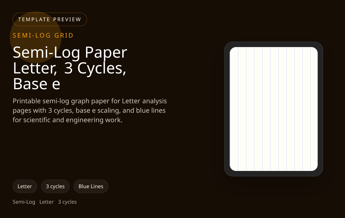 Semi-Log Paper Letter, 3 Cycles, Base e semi-log graph paper preview showing 3 cycles and blue lines on Letter paper for growth, decay, frequency, and wide-range data plots