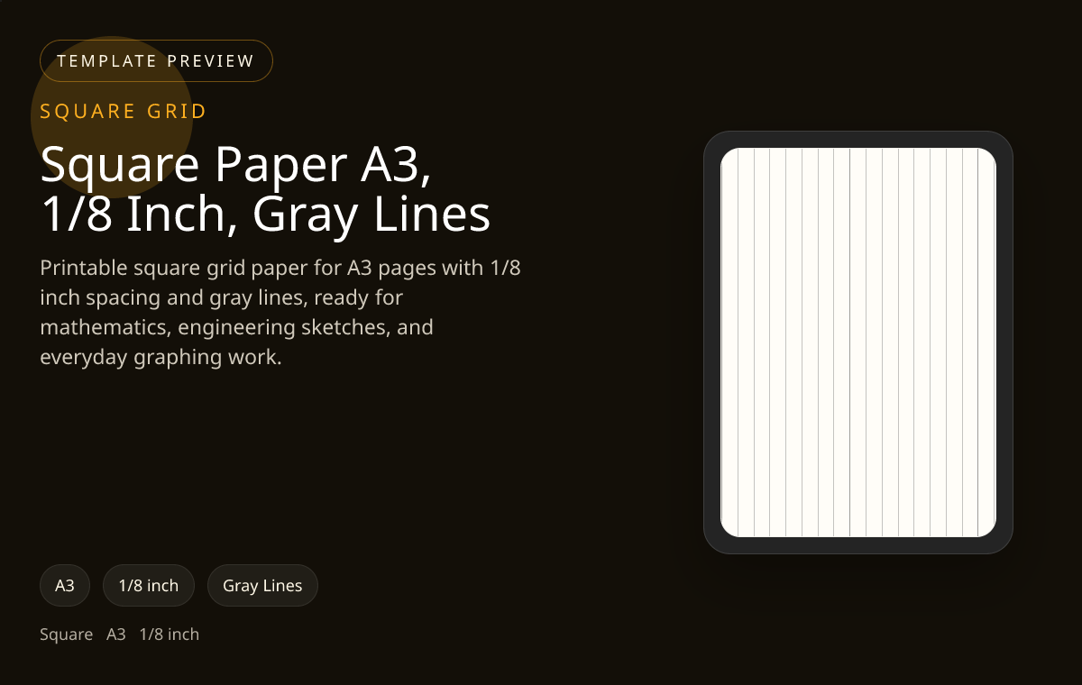 Square Paper A3, 1/8 Inch, Gray Lines square grid paper preview showing 1/8 inch and gray lines on A3 paper for maths worksheets, scaled sketches, and technical planning