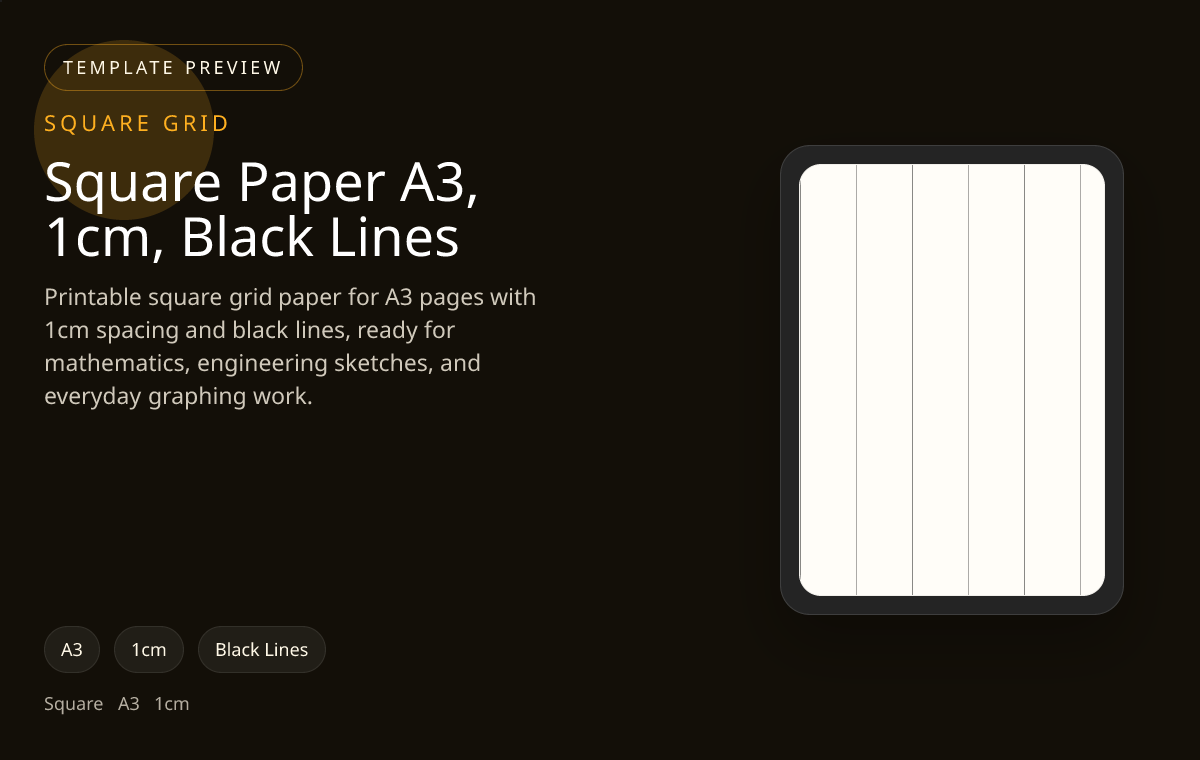 Square Paper A3, 1cm, Black Lines square grid paper preview showing 1cm and black lines on A3 paper for maths worksheets, scaled sketches, and technical planning