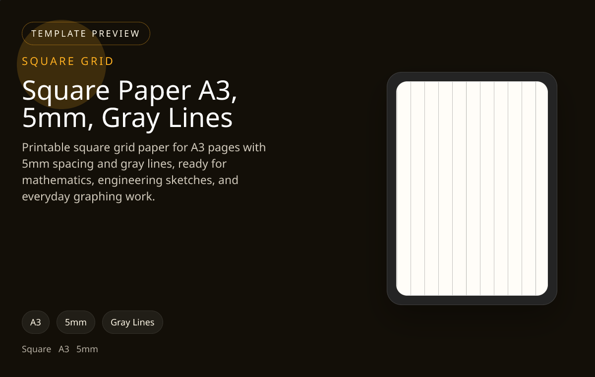 Square Paper A3, 5mm, Gray Lines square grid paper preview showing 5mm and gray lines on A3 paper for maths worksheets, scaled sketches, and technical planning