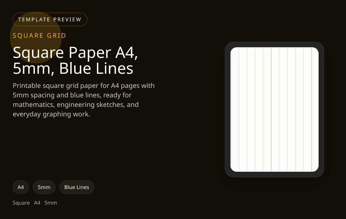Square Paper A4, 5mm, Blue Lines square grid paper preview showing 5mm and blue lines on A4 paper for maths worksheets, scaled sketches, and technical planning