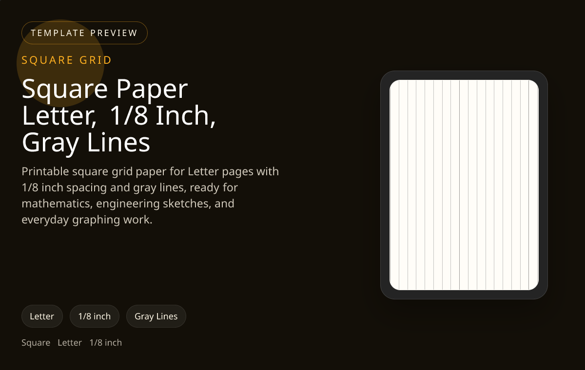 Square Paper Letter, 1/8 Inch, Gray Lines square grid paper preview showing 1/8 inch and gray lines on Letter paper for maths worksheets, scaled sketches, and technical planning