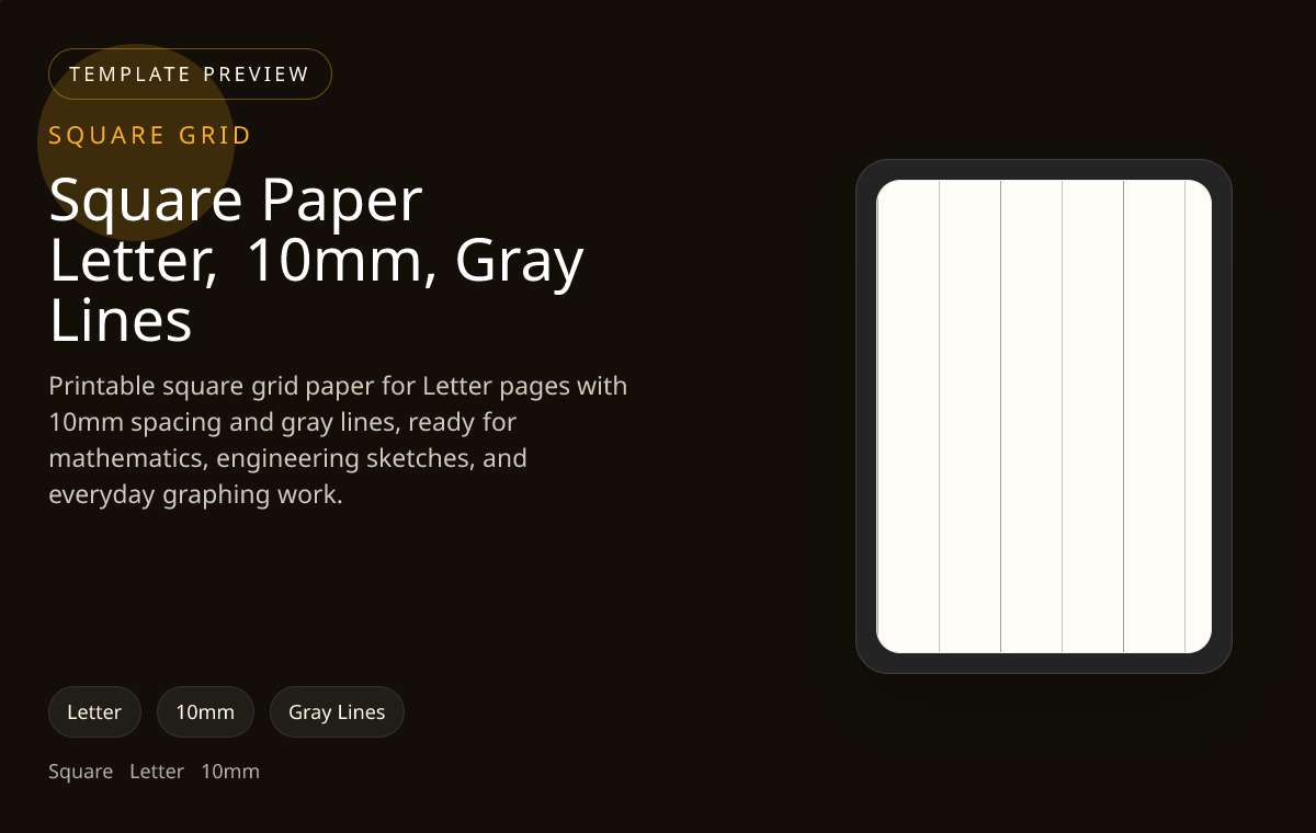 Square Paper Letter, 10mm, Gray Lines square grid paper preview showing 10mm and gray lines on Letter paper for maths worksheets, scaled sketches, and technical planning