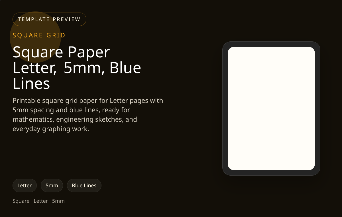 Square Paper Letter, 5mm, Blue Lines square grid paper preview showing 5mm and blue lines on Letter paper for maths worksheets, scaled sketches, and technical planning