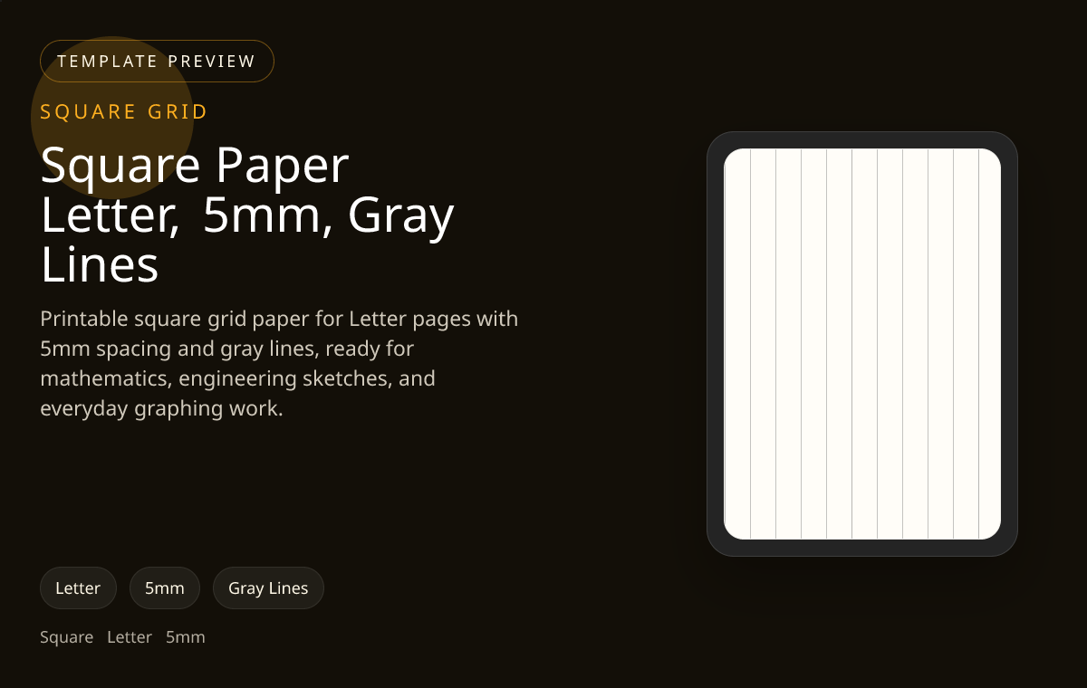 Square Paper Letter, 5mm, Gray Lines square grid paper preview showing 5mm and gray lines on Letter paper for maths worksheets, scaled sketches, and technical planning